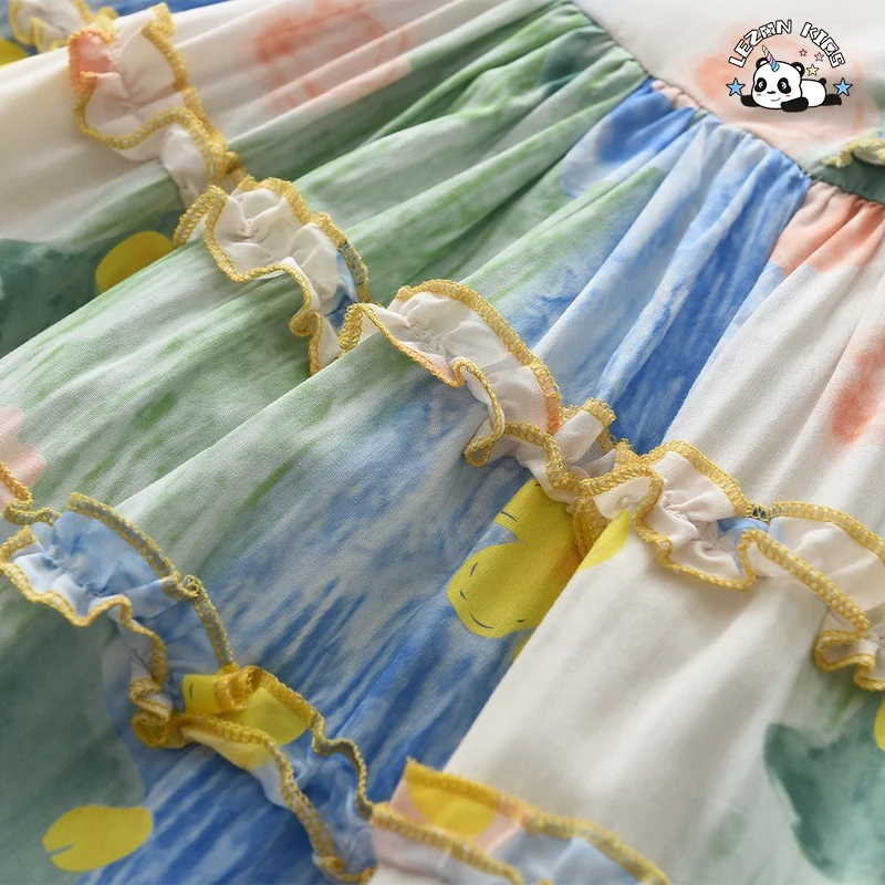 LEZONKIDS - Personalize Manga Bufante de Renda com Impressão de Flores no Verão para Vestido de Menina Bebê